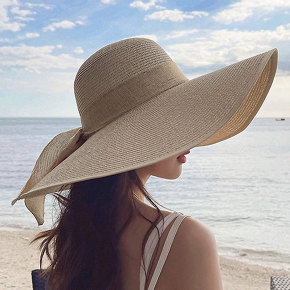 Umbo Collections Wide Brim Straw Sun Boho Style with Decorative Band Hat - Cream main image 1